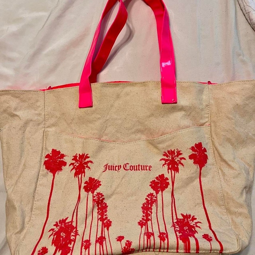 Juicy Couture Tote Bag Cream Pink Red Palm Tree Canvas Beach Bag